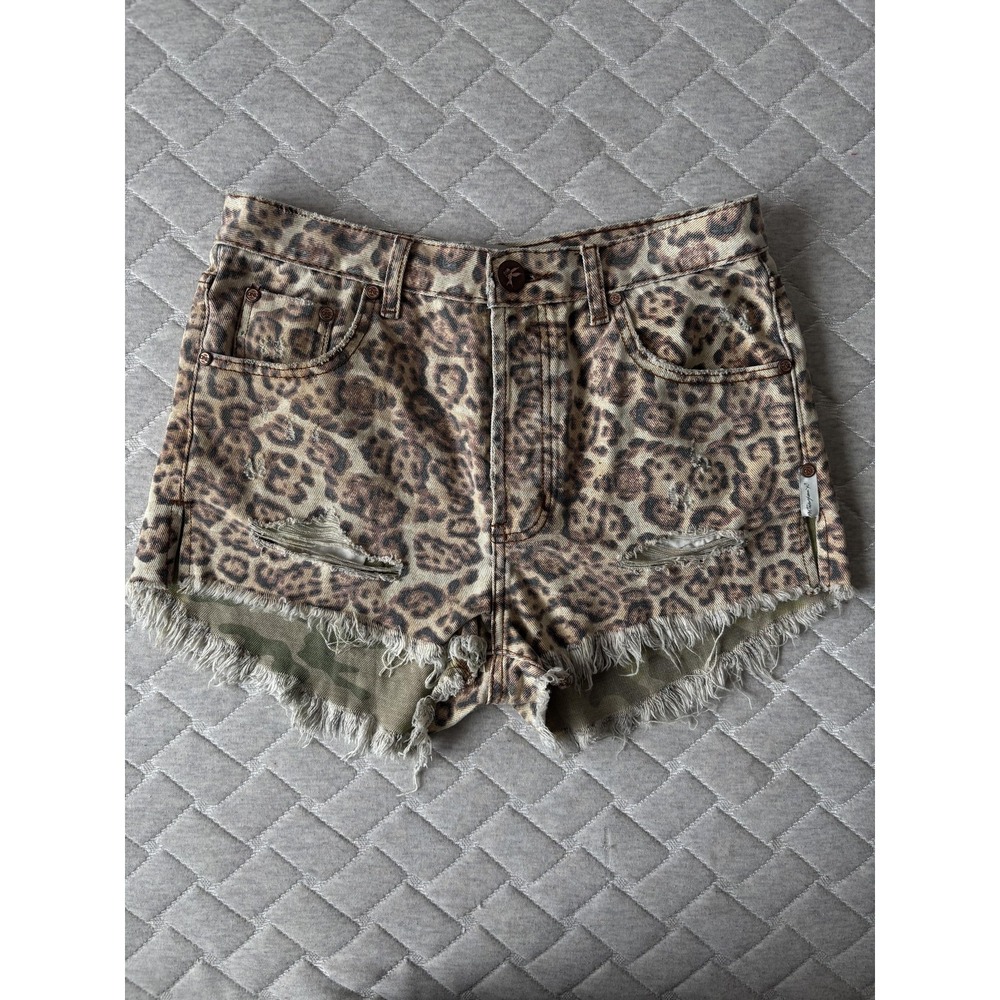 One Teaspoon Leopard Print Distressed Denim Shorts